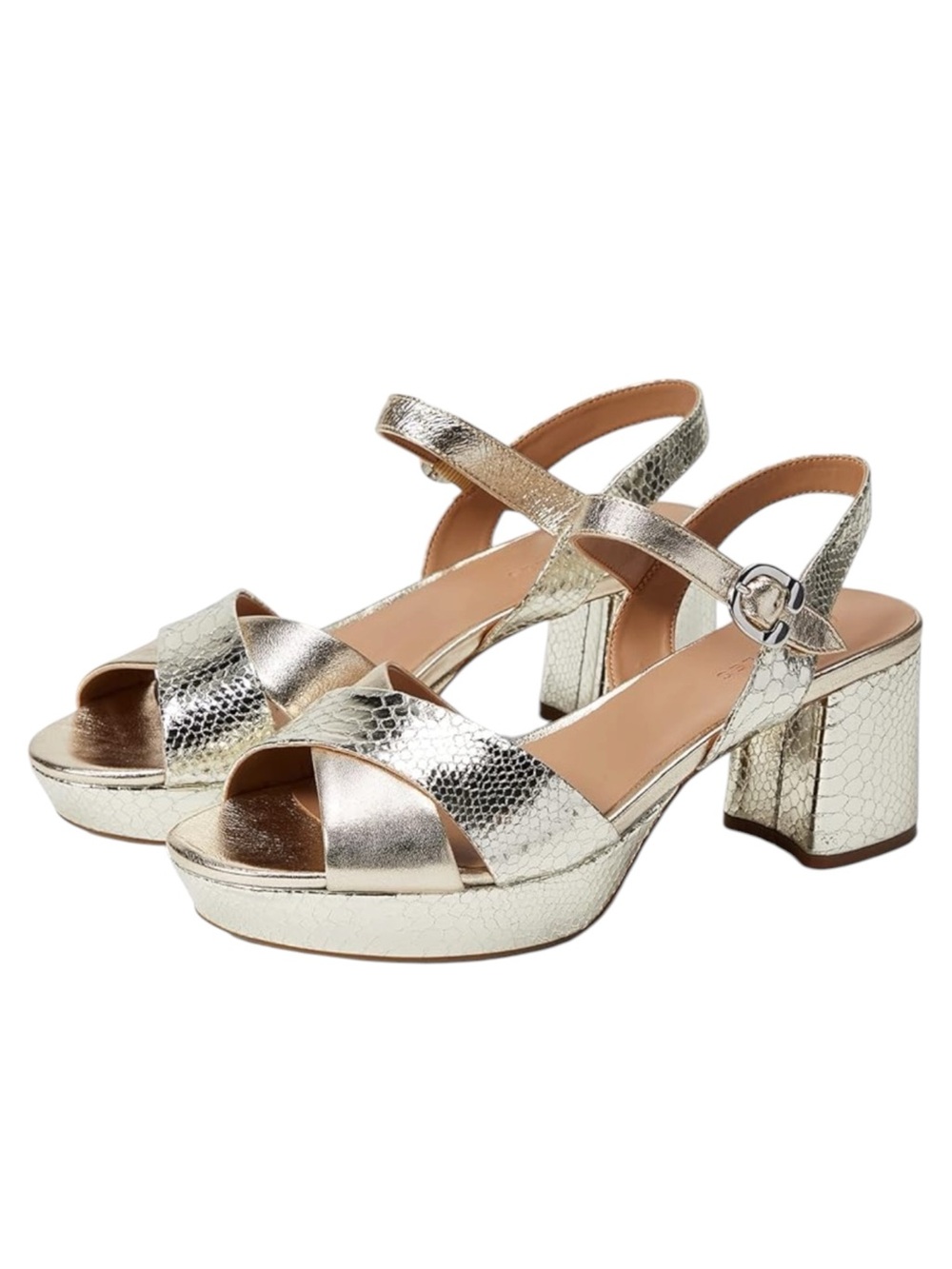AEROSOLES Metallic Gold Snake-Embossed Block Heel Sandals